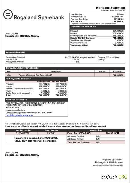 Norvège Rogaland Sparebank relevé hypothécaire Modèle Word et PDF